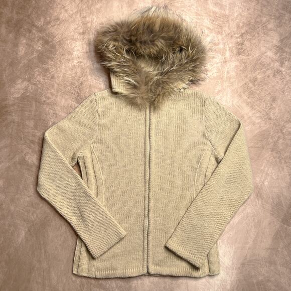 Love Sex Money Faux Fur Hooded Sweater Cream Knit Zip Up Indie Sleaze McBling - Picture 7 of 7